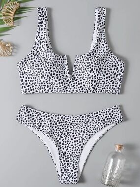 SHEIN Black and White Dalmatian Print V-Notch Bikini Set